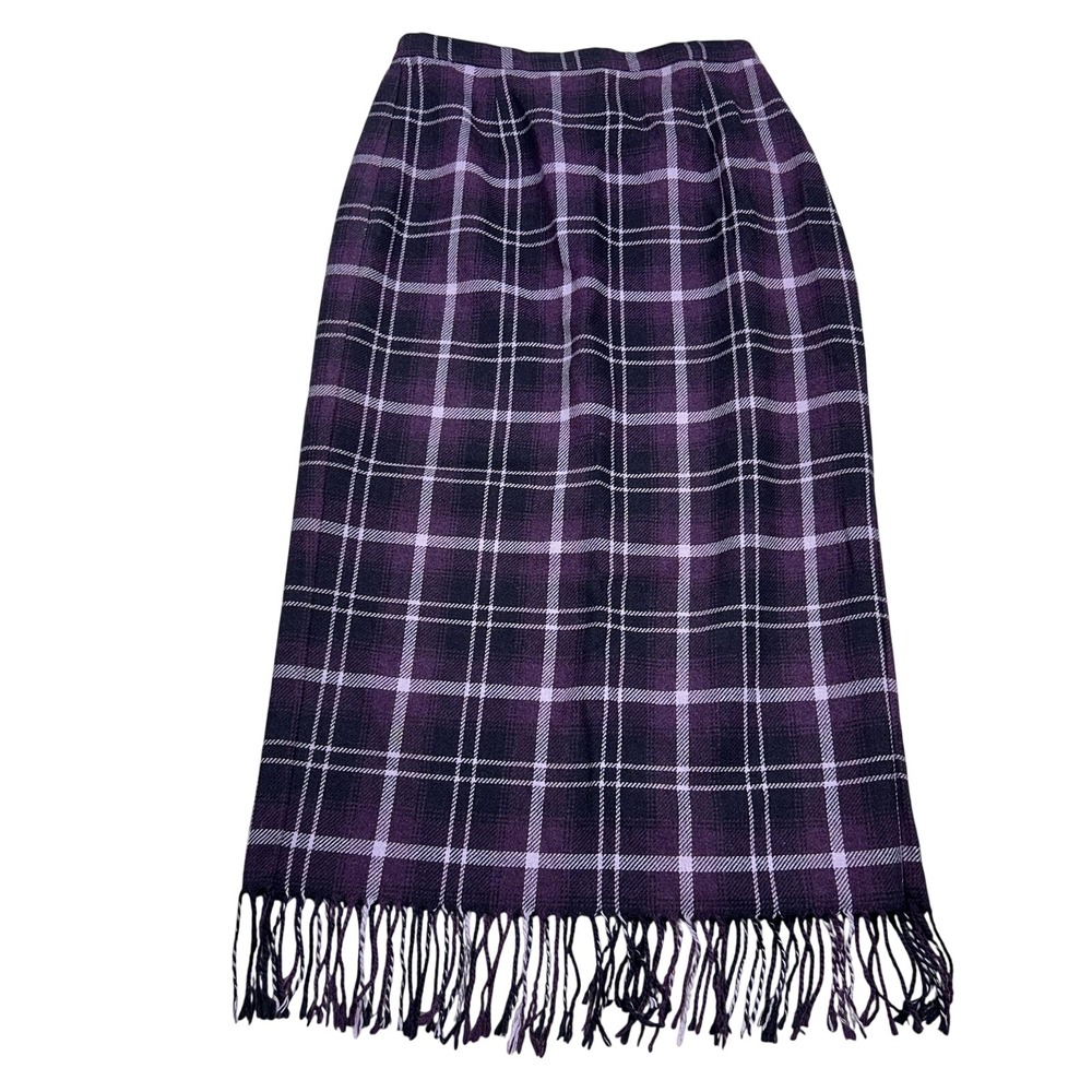 Nouveaux Plaid Wool Blend Skirt 6P Purple Long Fringe Dark Academia Preppy